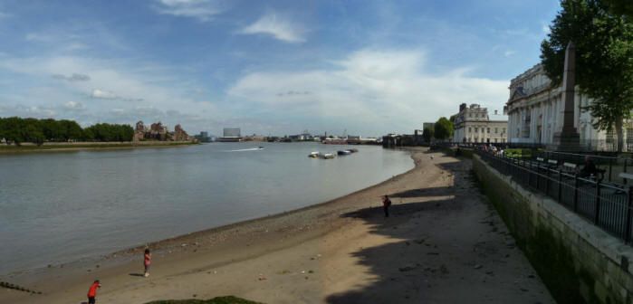 Greenwich - Thames foreshore by Old Royal Naval College, looking east